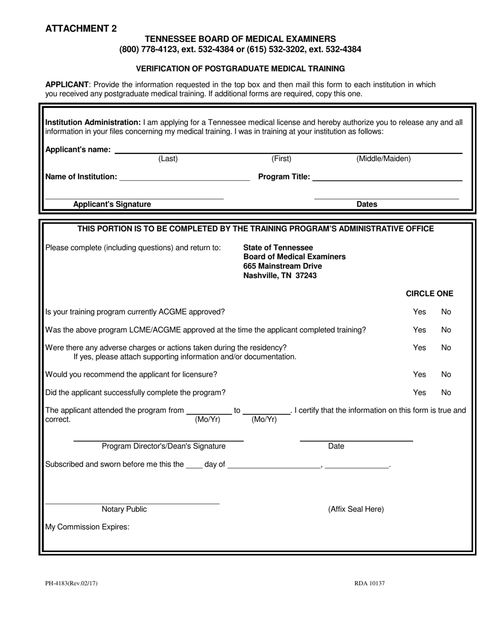 Form PH-4183 Attachment 2 Verification of Postgraduate Medical Training - Tennessee, Page 1