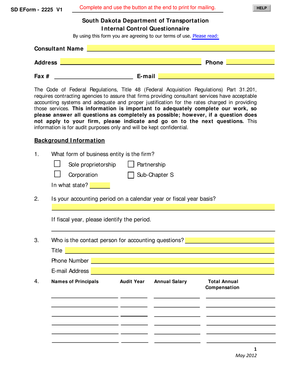 SD Form 2225 Internal Control Questionnaire - South Dakota, Page 1