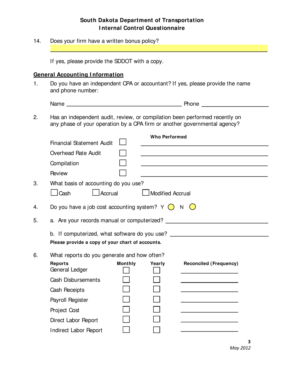 SD Form 2225 Internal Control Questionnaire - South Dakota, Page 3