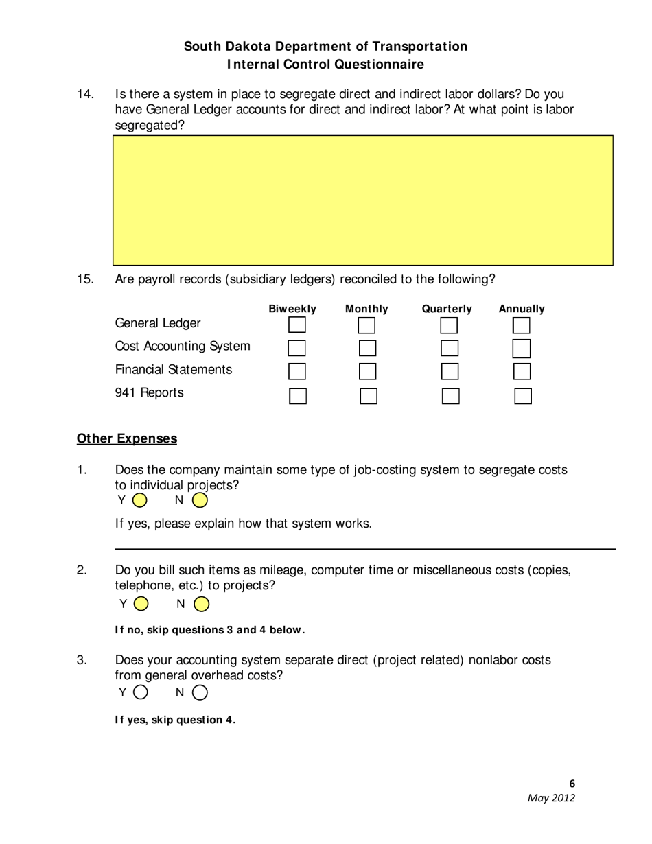 SD Form 2225 Internal Control Questionnaire - South Dakota, Page 6