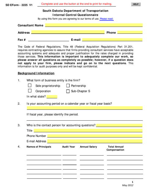 SD Form 2225 Internal Control Questionnaire - South Dakota