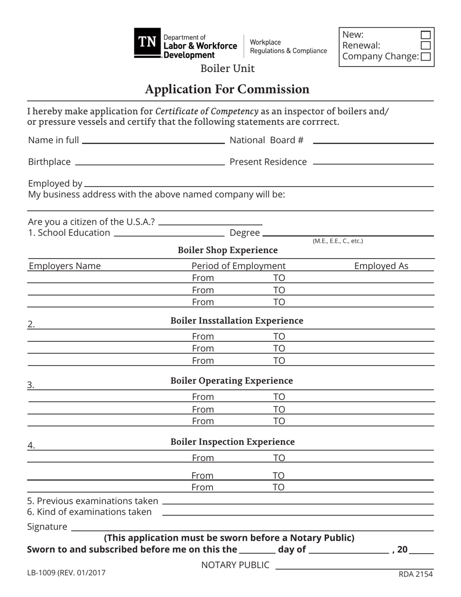 Form LB-1009 Application for Commission - Tennessee, Page 1