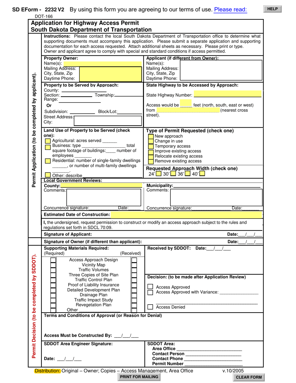 SD Form 2232 (DOT-166) Application for Highway Access Permit - South Dakota, Page 1