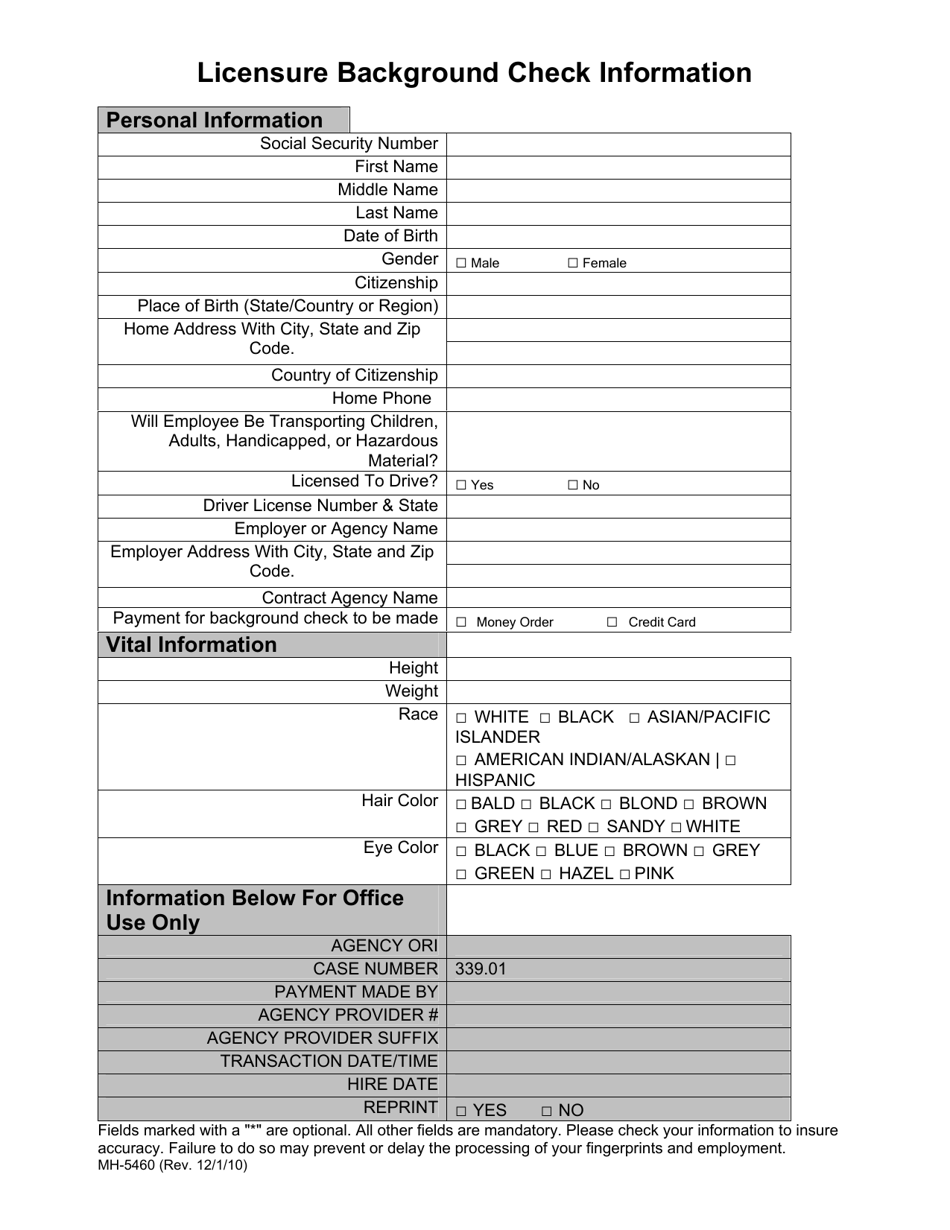 Form MH-5460 Licensure Background Check Information - Tennessee, Page 1