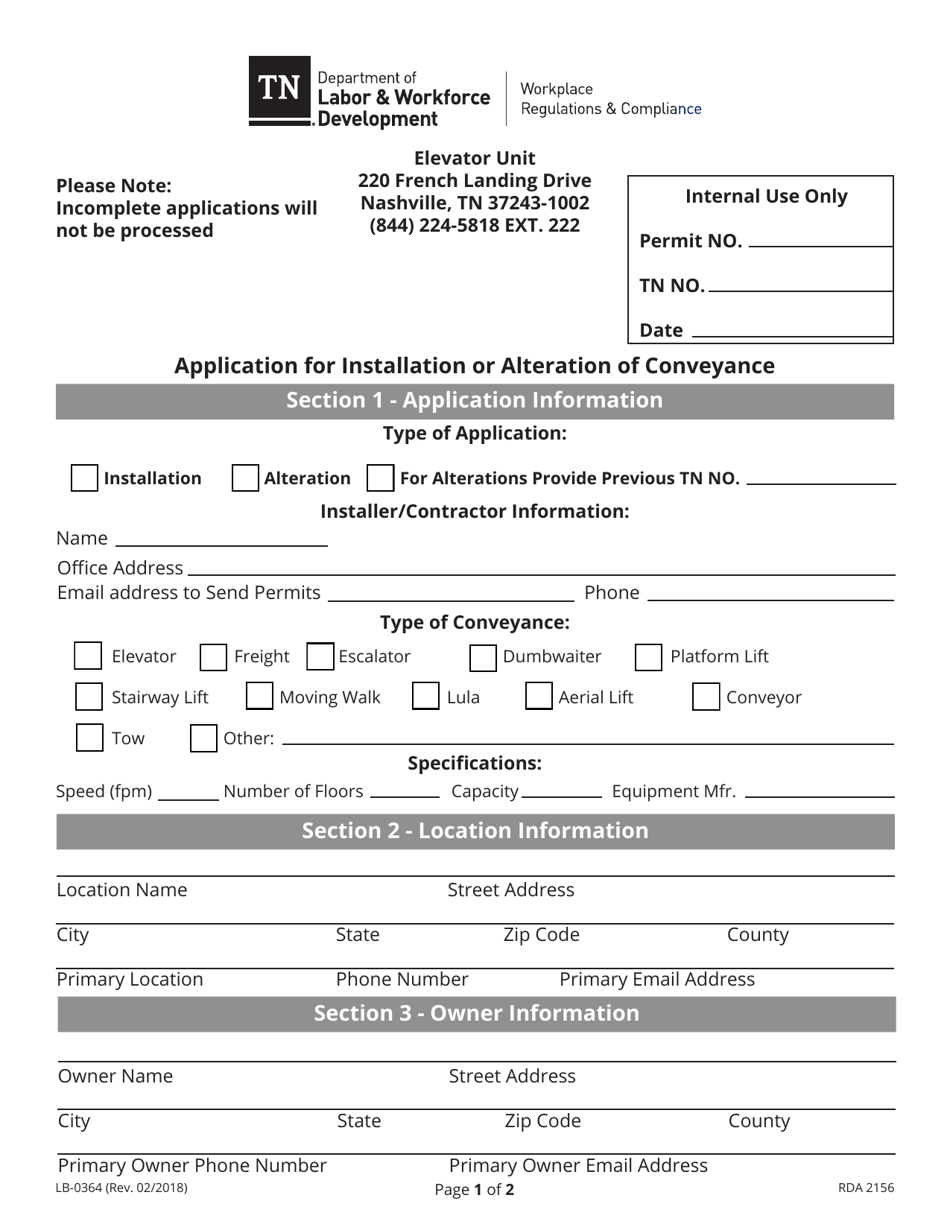 Form LB-0364 Application for Installation or Alteration of Conveyance - Tennessee, Page 1