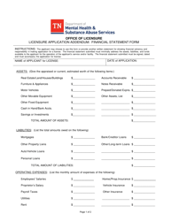 Form MH-4466 Licensure Application Addendum: Financial Statement Form - Tennessee