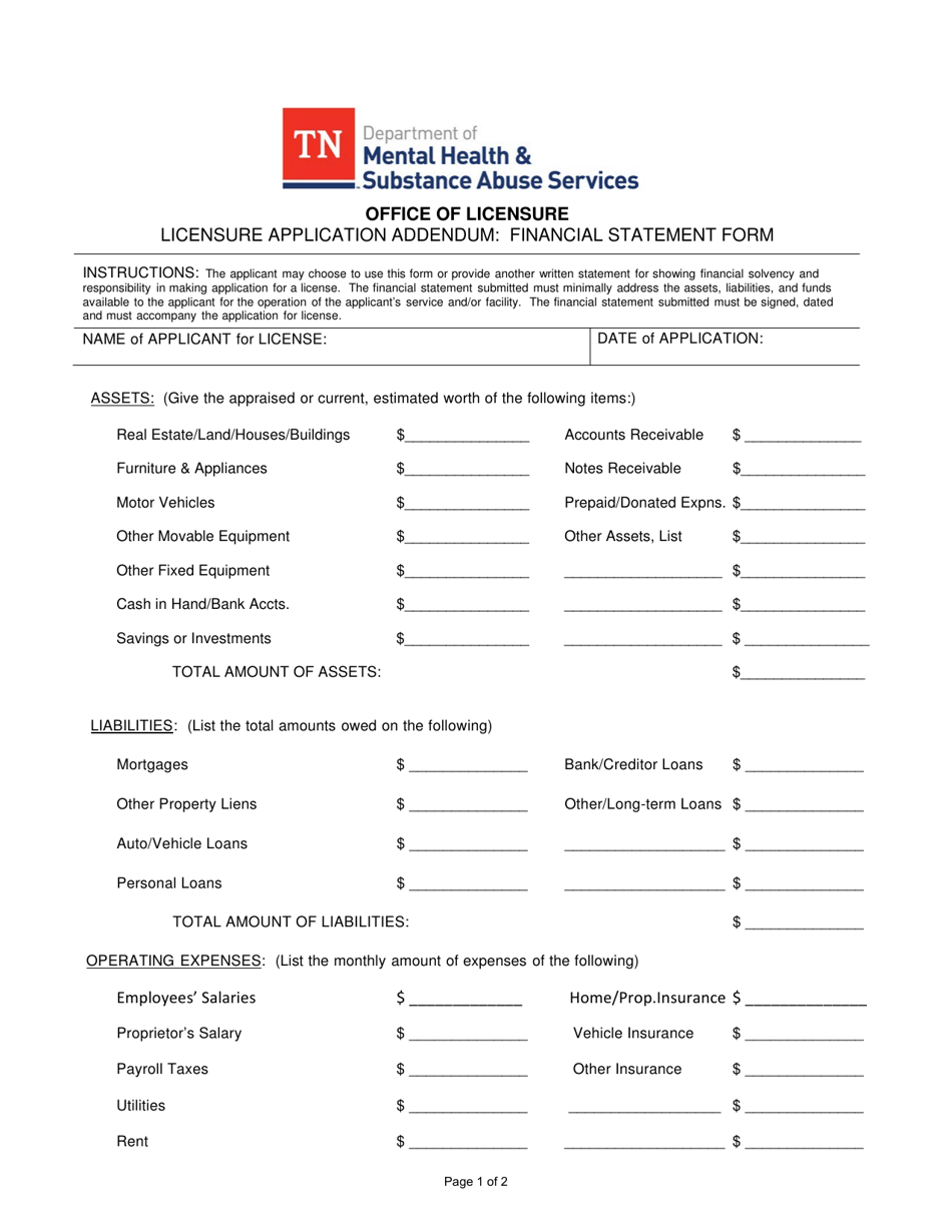 Form MH-4466 Licensure Application Addendum: Financial Statement Form - Tennessee, Page 1