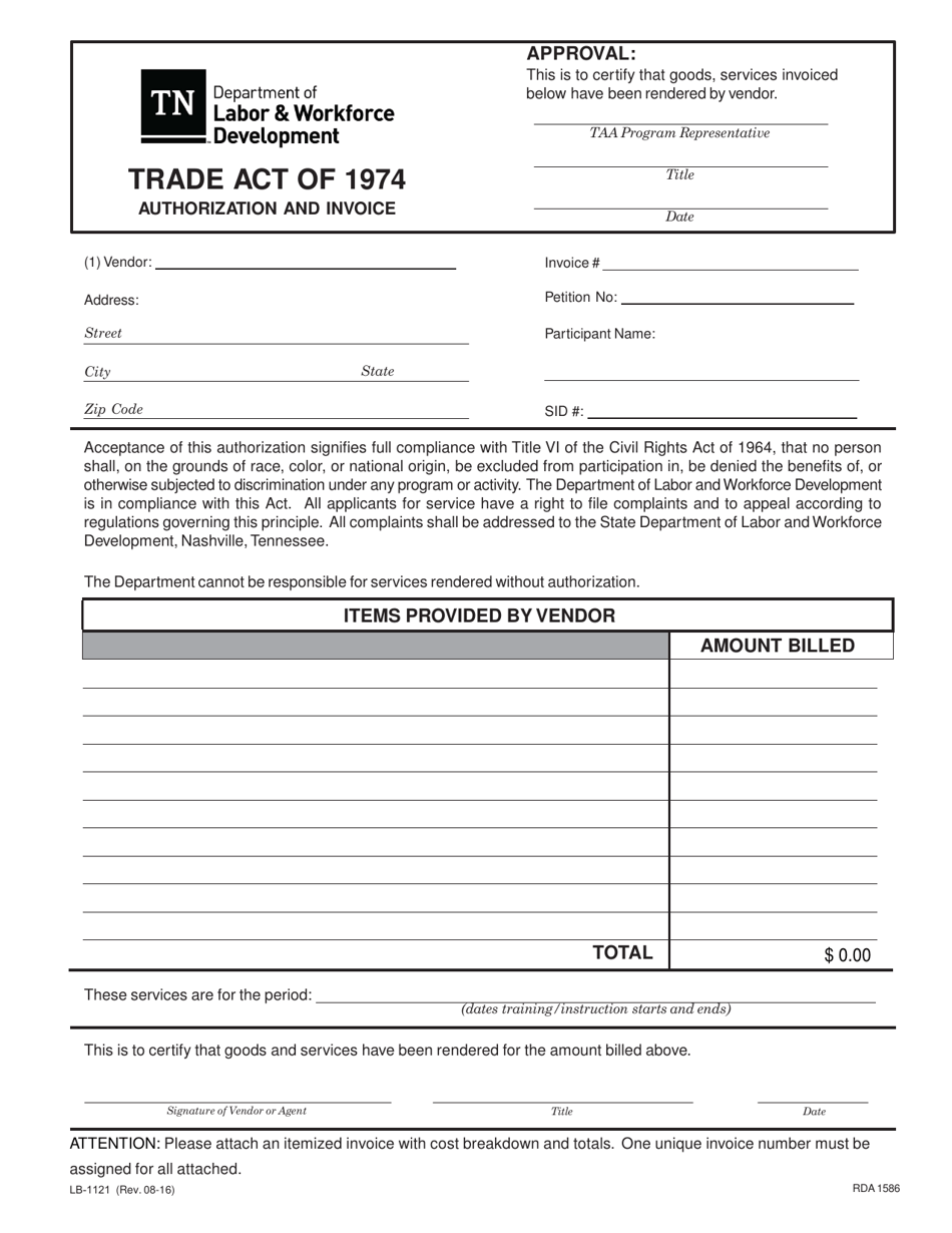 Form LB-1121 Authorization and Invoice - Tennessee, Page 1