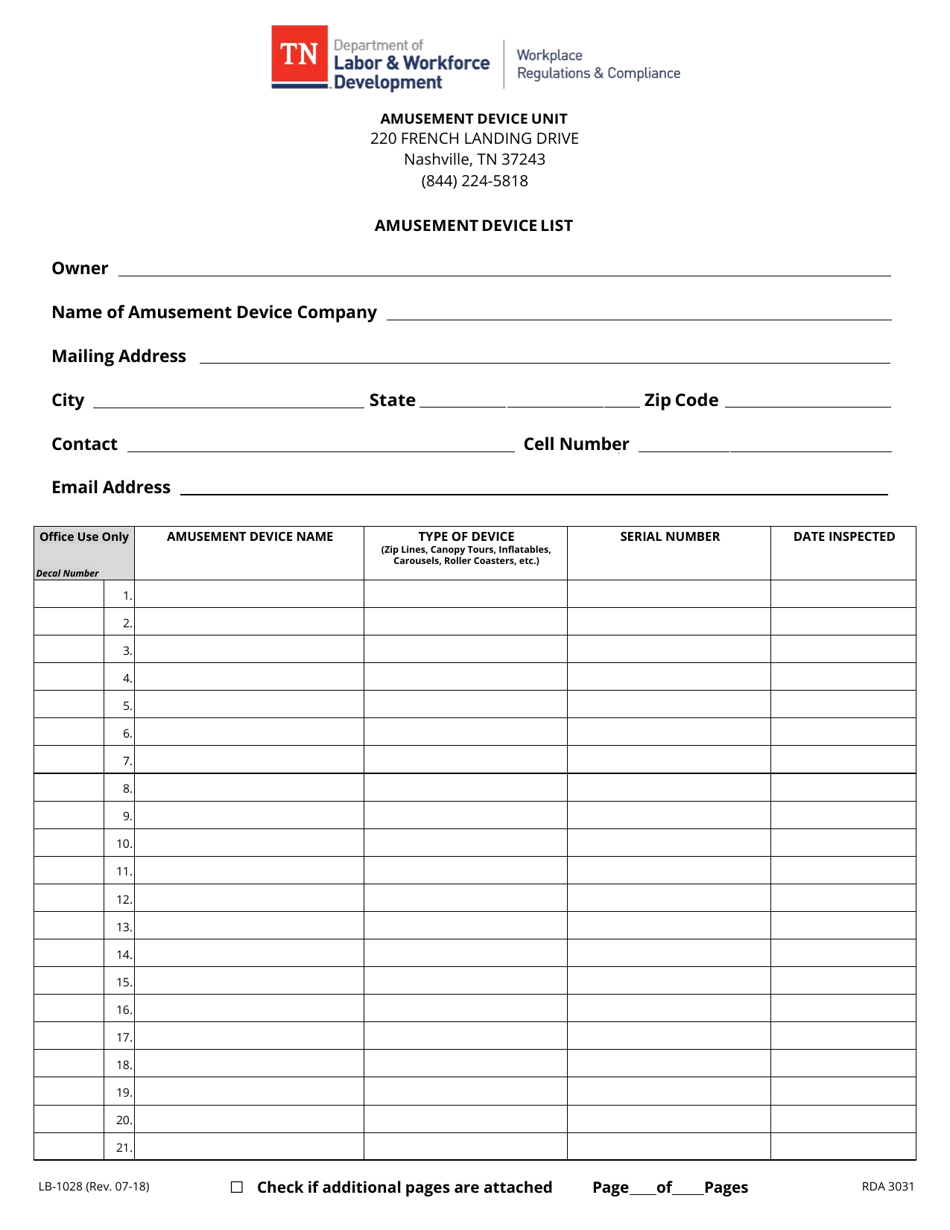 Form LB-1028 Amusement Device List - Tennessee, Page 1