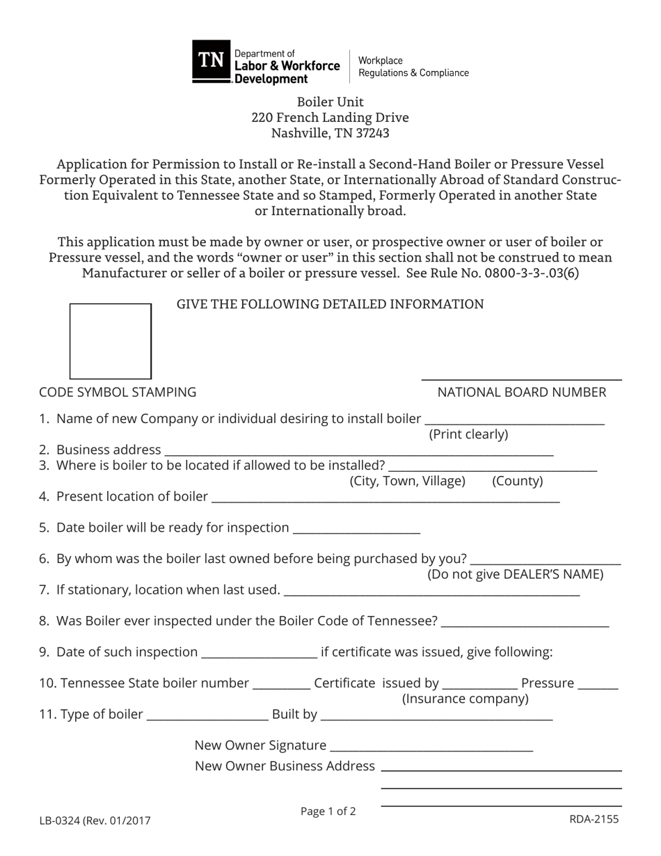 Form LB-0324 Application for Permission to Install or Re-install a Second-Hand Boiler or Pressure Vessel - Tennessee, Page 1