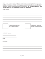 Form LB-0324 Application for Permission to Install or Re-install a Second-Hand Boiler or Pressure Vessel - Tennessee, Page 2