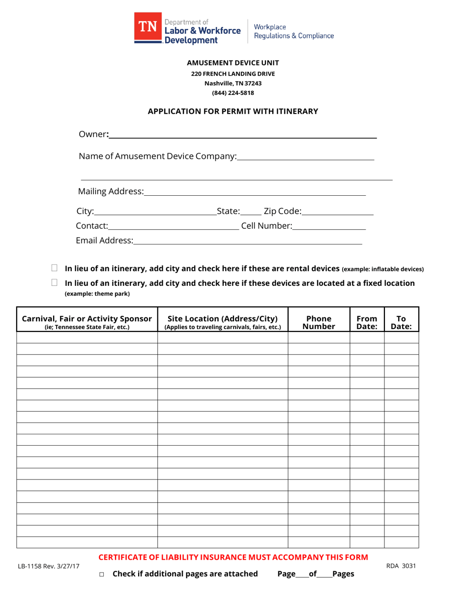 Form LB-1158 Application for Permit With Itinerary - Tennessee, Page 1