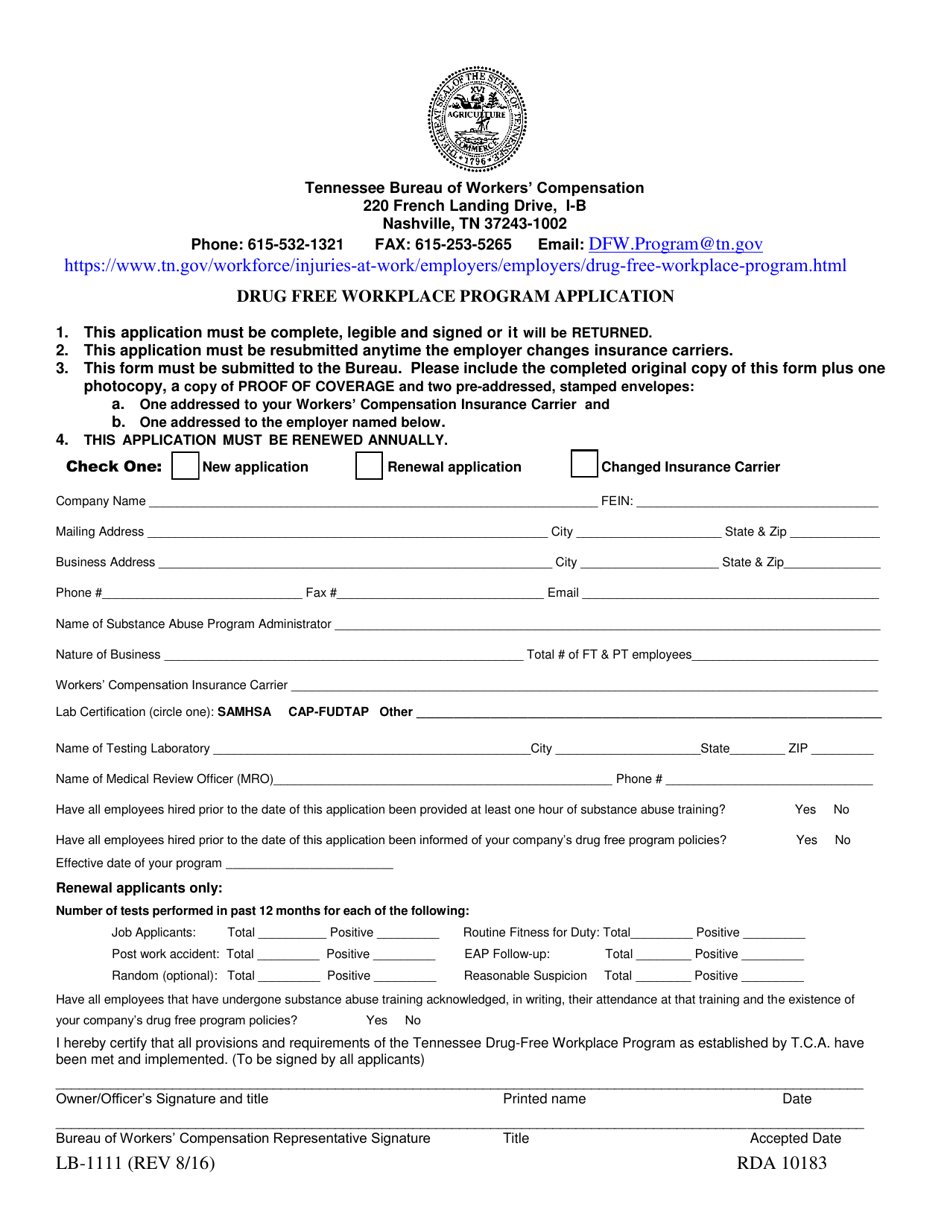 Form LB-1111 Drug Free Workplace Program Application - Tennessee, Page 1