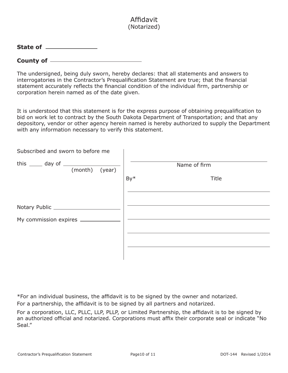 SD Form 0945 (DOT-144) Contractors Prequalification Statement - South Dakota, Page 10