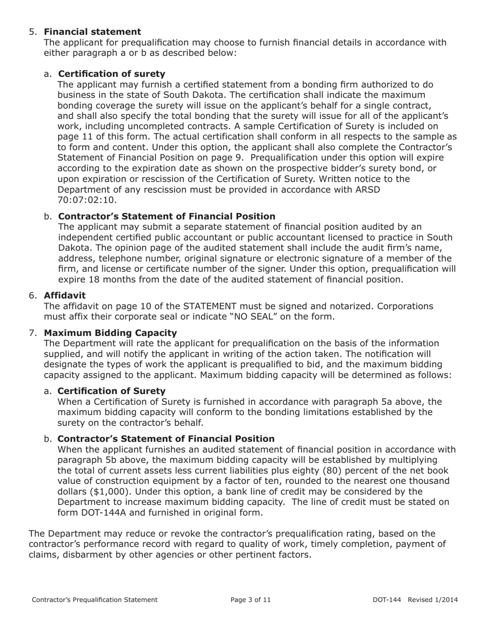 SD Form 0945 (DOT-144) Contractors Prequalification Statement - South Dakota, Page 3