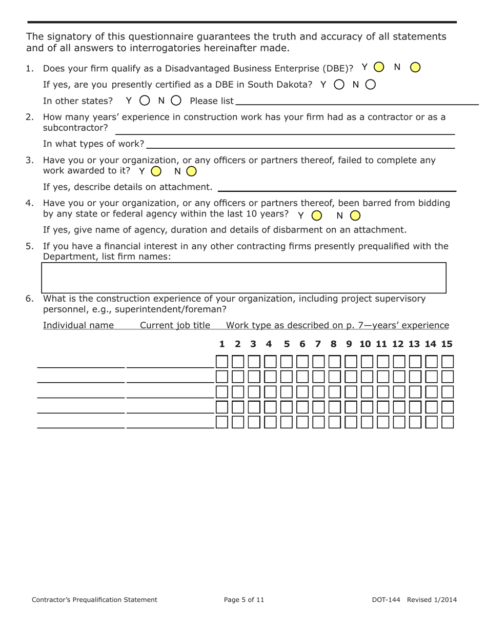 SD Form 0945 (DOT-144) Contractors Prequalification Statement - South Dakota, Page 5