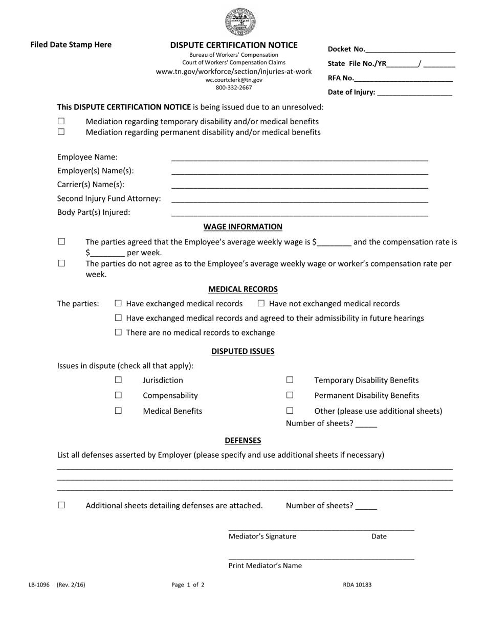 Form LB-1096 Dispute Certification Notice - Tennessee, Page 1