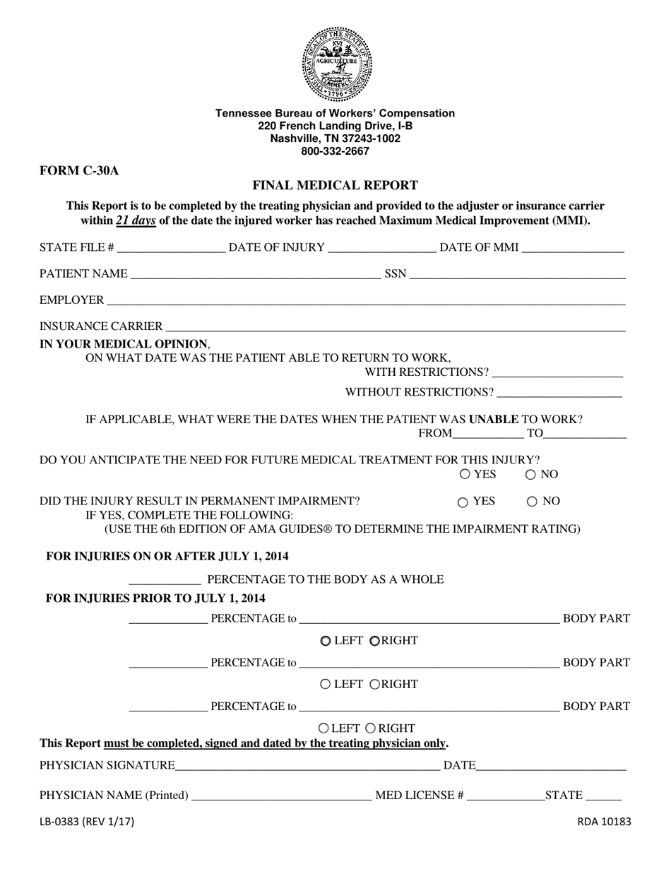 Form LB-0383 (C-30A) Final Medical Report - Tennessee, Page 1