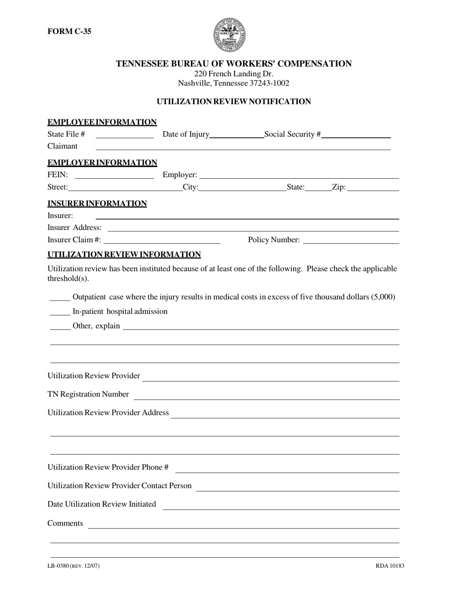 Form LB-0380 (C-35) Utilization Review Notification - Tennessee, Page 1