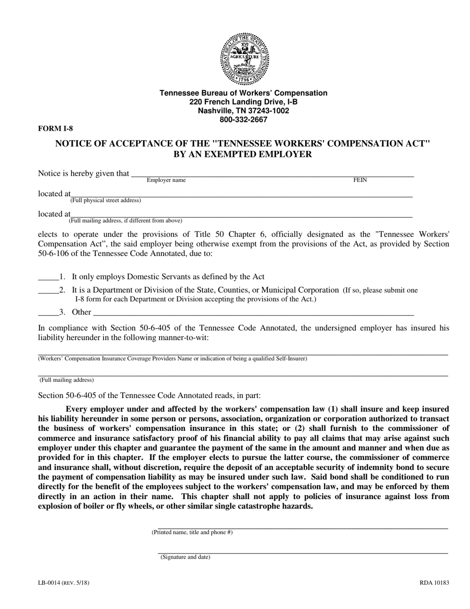 Form LB-0014 (I-8) Notice of Acceptance of the tennessee Workers Compensation Act by an Exempted Employer - Tennessee, Page 1