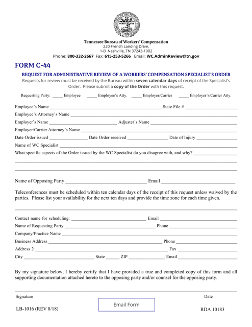 Form LB-1016 (C-44) Request for Administrative Review of a Workers' Compensation Specialist's Order - Tennessee