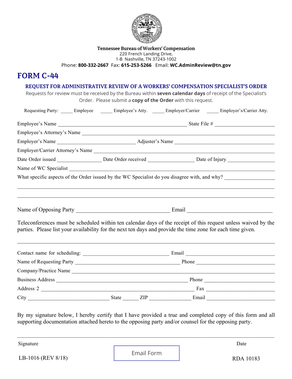 Form LB-1016 (C-44) Request for Administrative Review of a Workers Compensation Specialists Order - Tennessee, Page 1