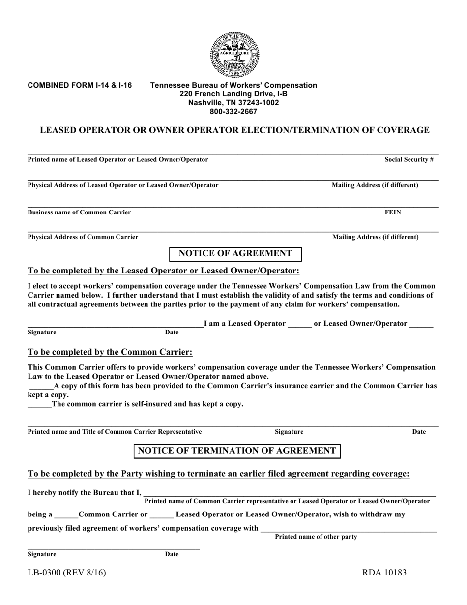 Form LB-0300 (I-14; I-16) Leased Operator or Owner Operator Election / Termination of Coverage - Tennessee, Page 1