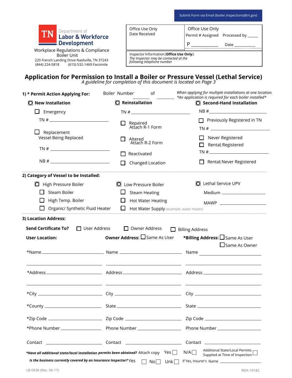Form LB-0936 Application for Permission to Install a Boiler or Pressure Vessel (Lethal Service) - Tennessee, Page 1