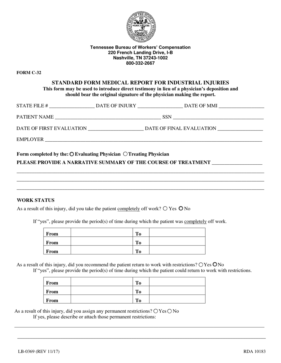 Form LB-0369 (C-32) Standard Form Medical Report for Industrial Injuries - Tennessee, Page 1
