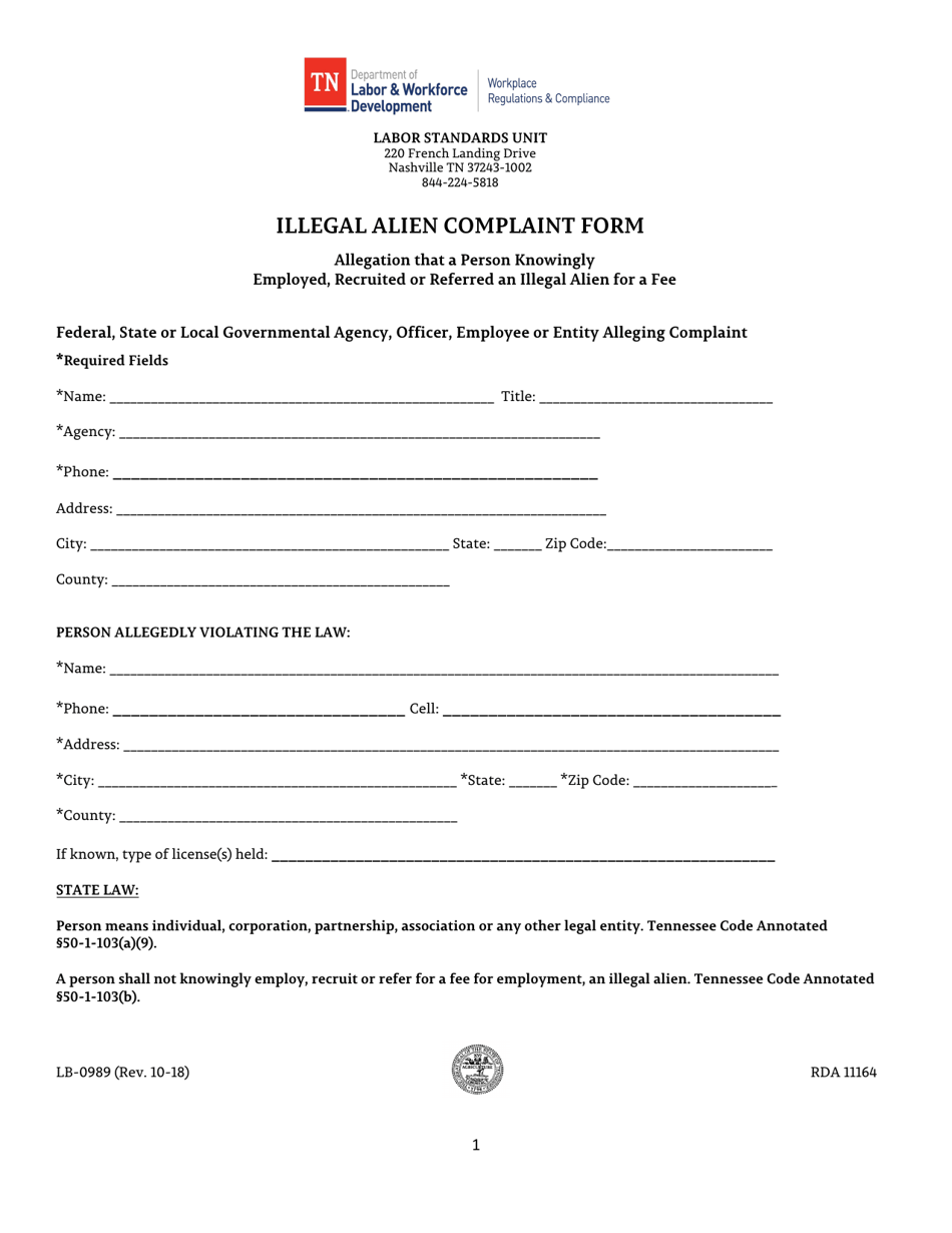 Form LB-0989 Illegal Alien Complaint Form - Tennessee, Page 1