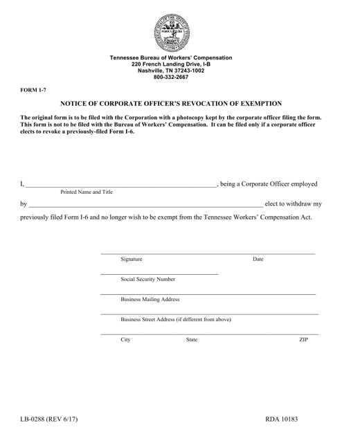 Form LB-0288 (I-7) Notice of Corporate Officer's Revocation of Exemption - Tennessee