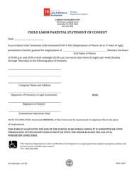 Document preview: Form LB-0355 Child Labor Parental Statement of Consent - Tennessee