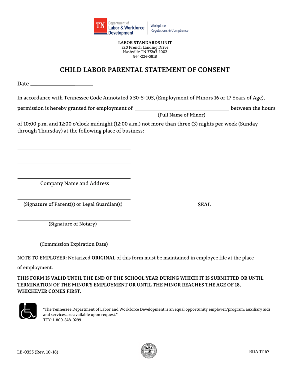Form LB-0355 Child Labor Parental Statement of Consent - Tennessee, Page 1