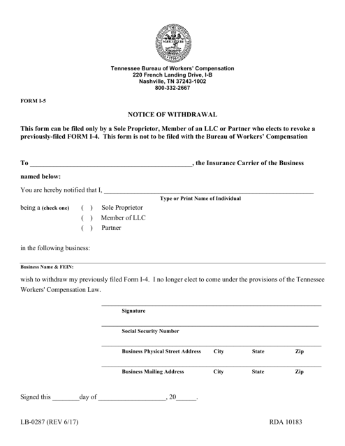 Form LB-0287 (I-5) Notice of Withdrawal - Tennessee