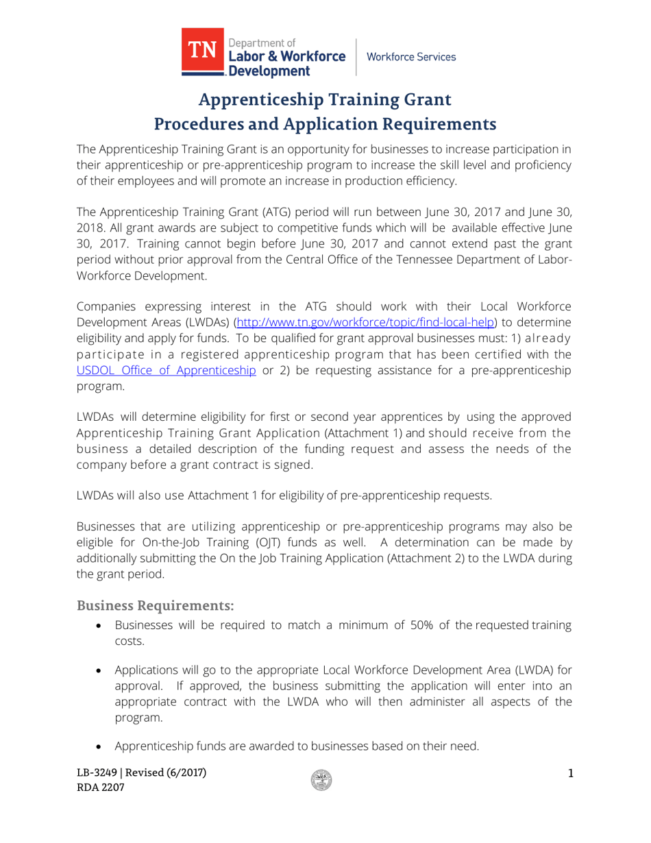 Form LB-3249 Apprenticeship Training Grant Application - Tennessee, Page 1