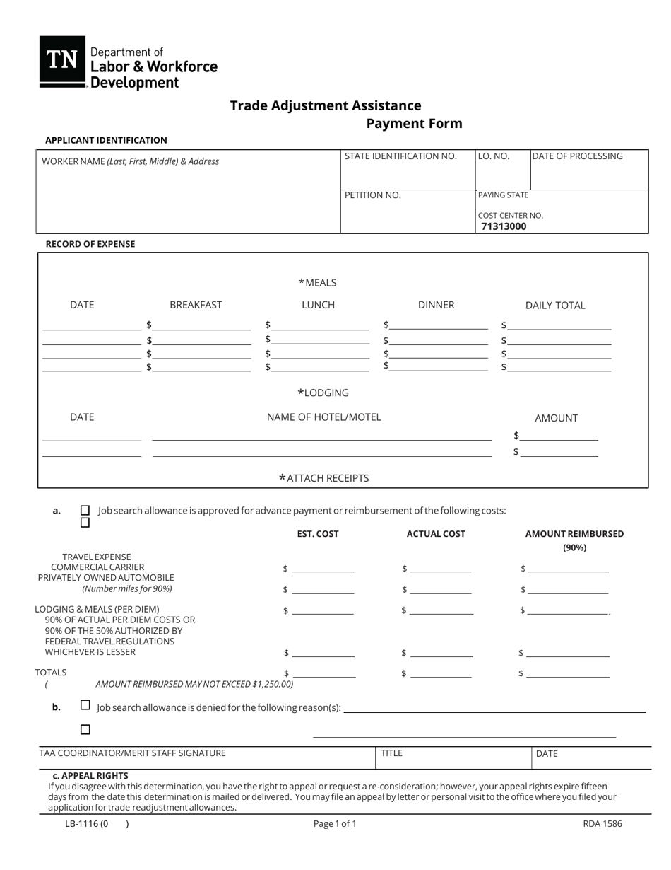Form LB-1116 Job Search Payment Form - Tennessee, Page 1