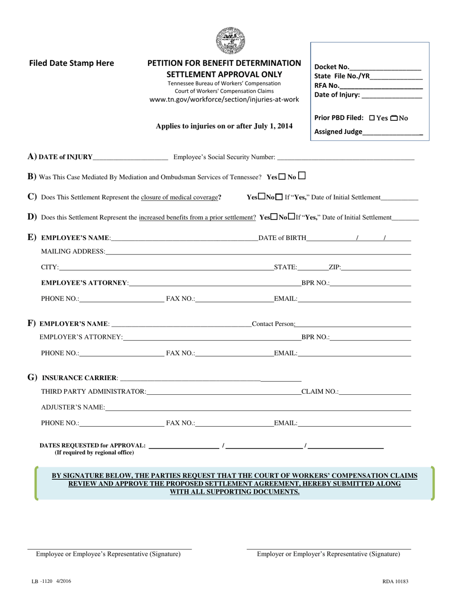 Form LB-1120 Petition for Benefit Determination Settlement Approval Only - Tennessee, Page 1