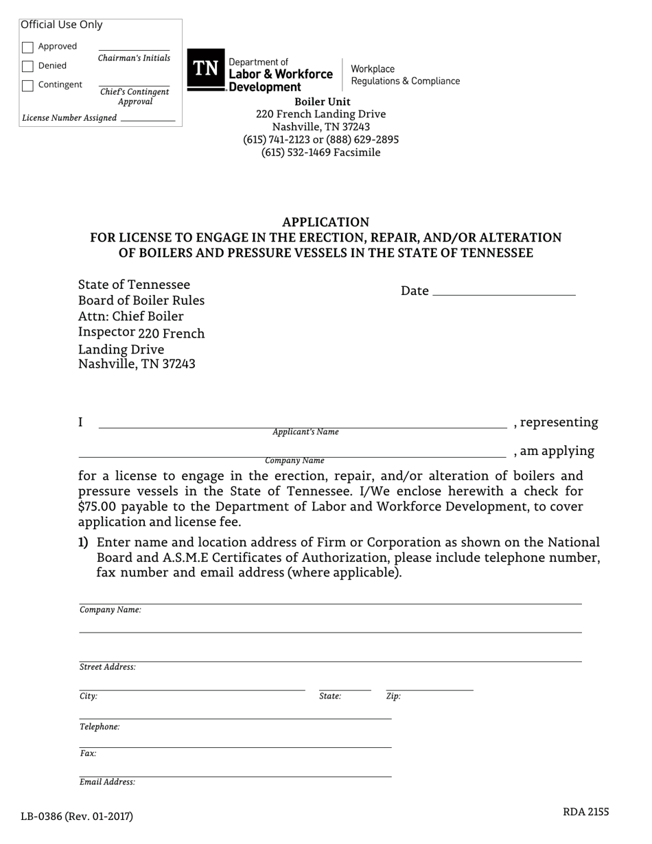 Form LB-0386 Application for License to Engage in the Erection, Repair, and / or Alteration of Boilers and Pressure Vessels in the State of Tennessee - Tennessee, Page 1