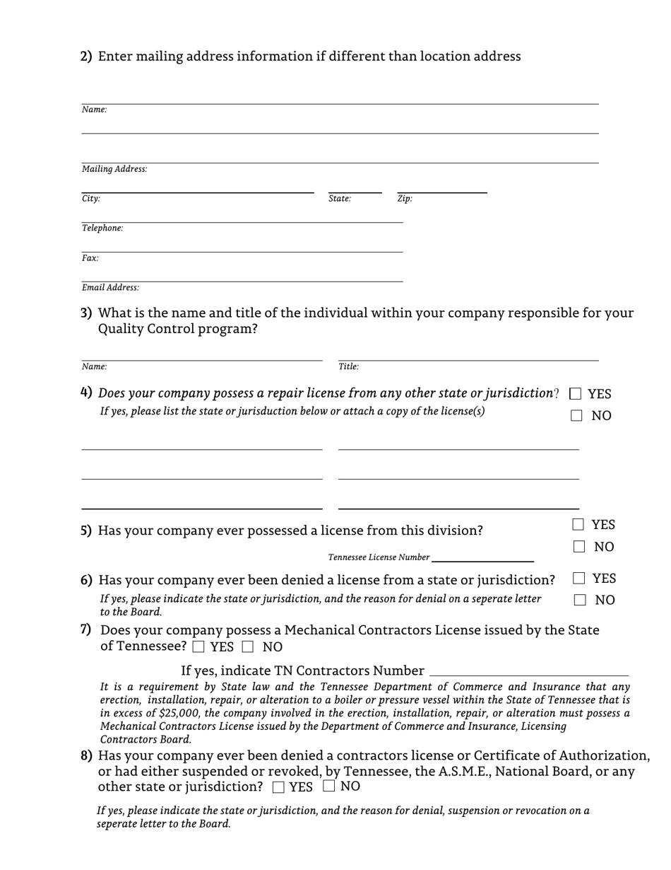 Form LB-0386 Application for License to Engage in the Erection, Repair, and / or Alteration of Boilers and Pressure Vessels in the State of Tennessee - Tennessee, Page 2