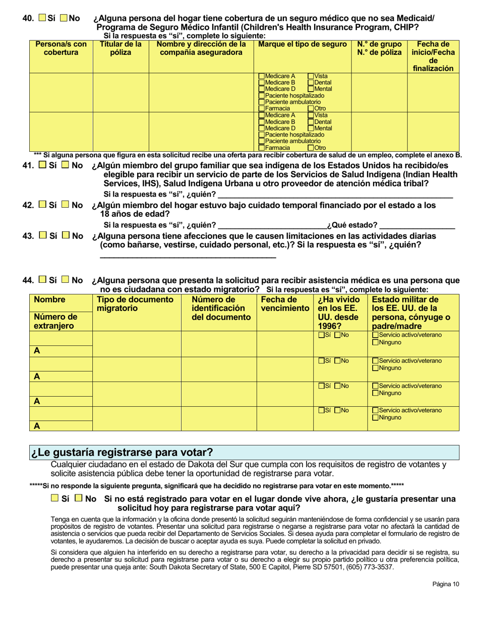 Formulario DSS-EA-301 Solicitud De Asistencia Economica - South Dakota (Spanish), Page 10
