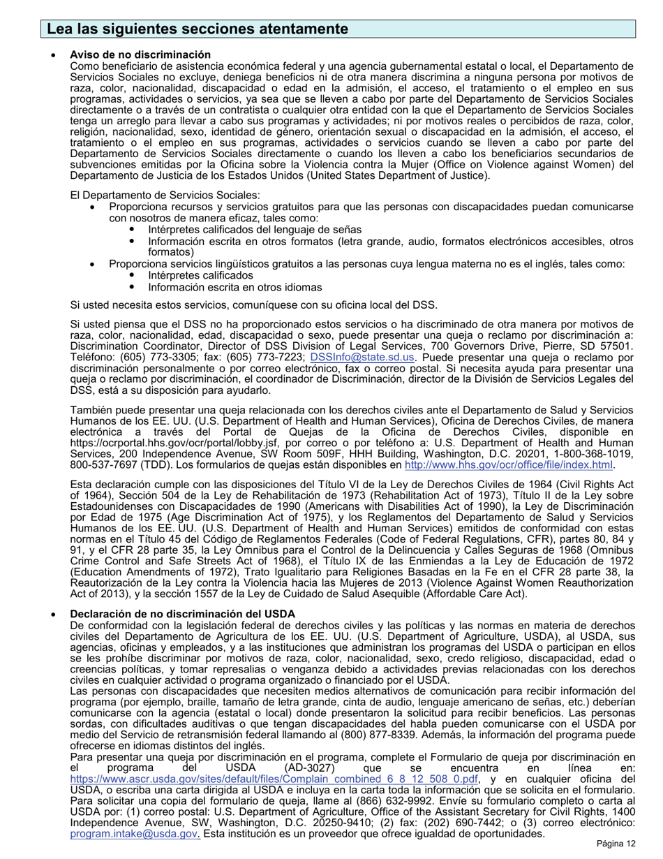 Formulario DSS-EA-301 Solicitud De Asistencia Economica - South Dakota (Spanish), Page 12