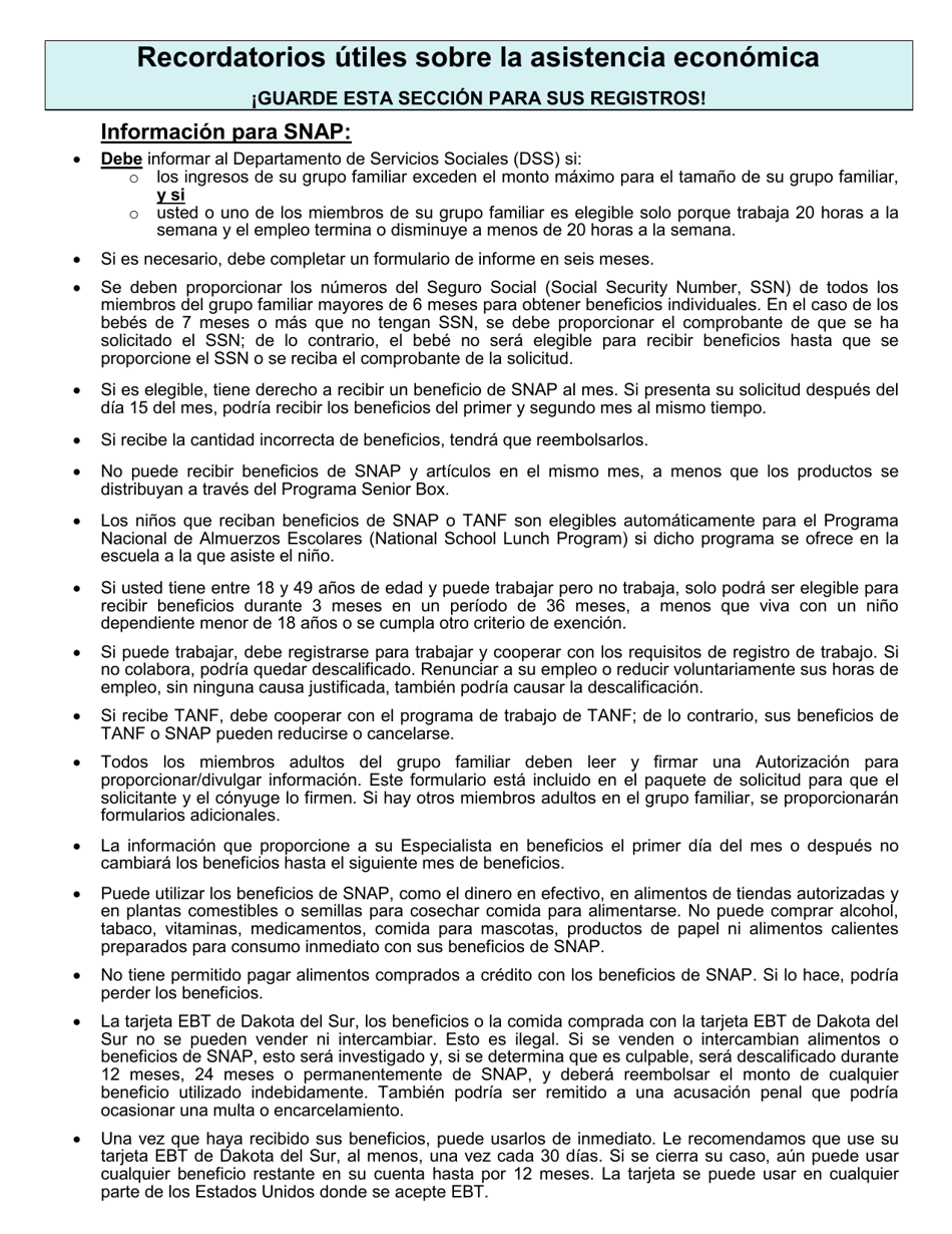 Formulario DSS-EA-301 Solicitud De Asistencia Economica - South Dakota (Spanish), Page 16