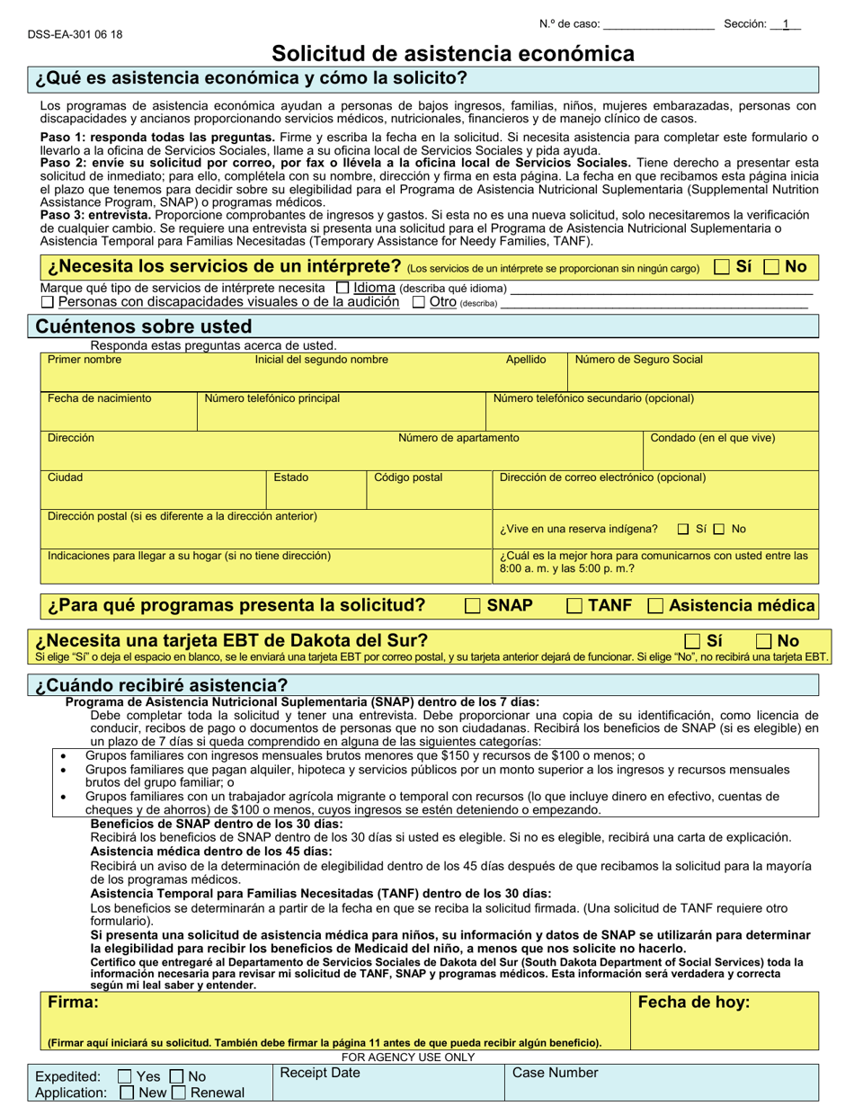 Formulario DSS-EA-301 Solicitud De Asistencia Economica - South Dakota (Spanish), Page 1