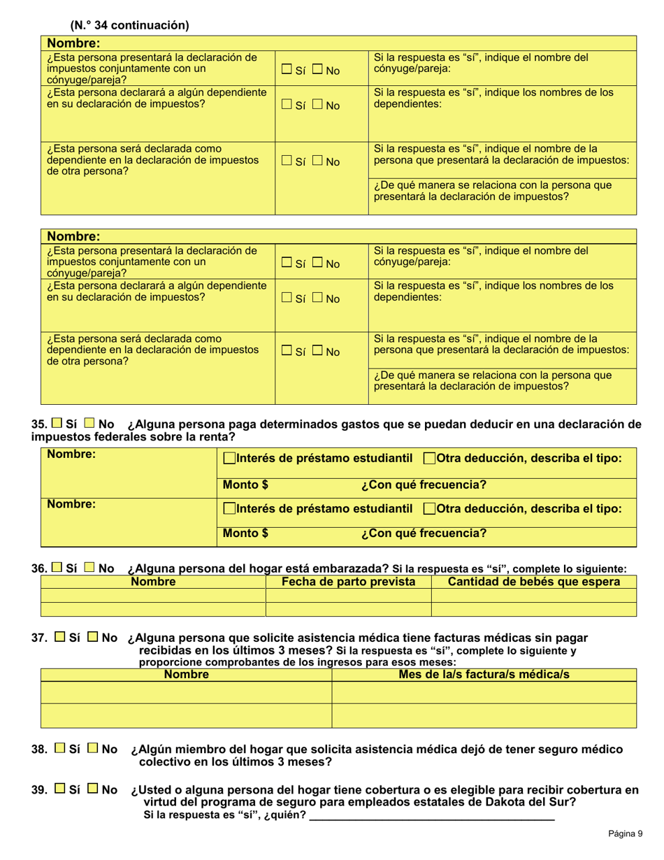 Formulario DSS-EA-301 Solicitud De Asistencia Economica - South Dakota (Spanish), Page 9