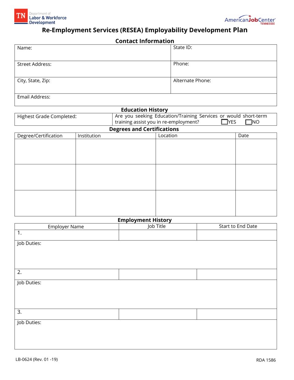 Form LB-0624 Re-employment Services (Resea) Employability Development Plan - Tennessee, Page 1