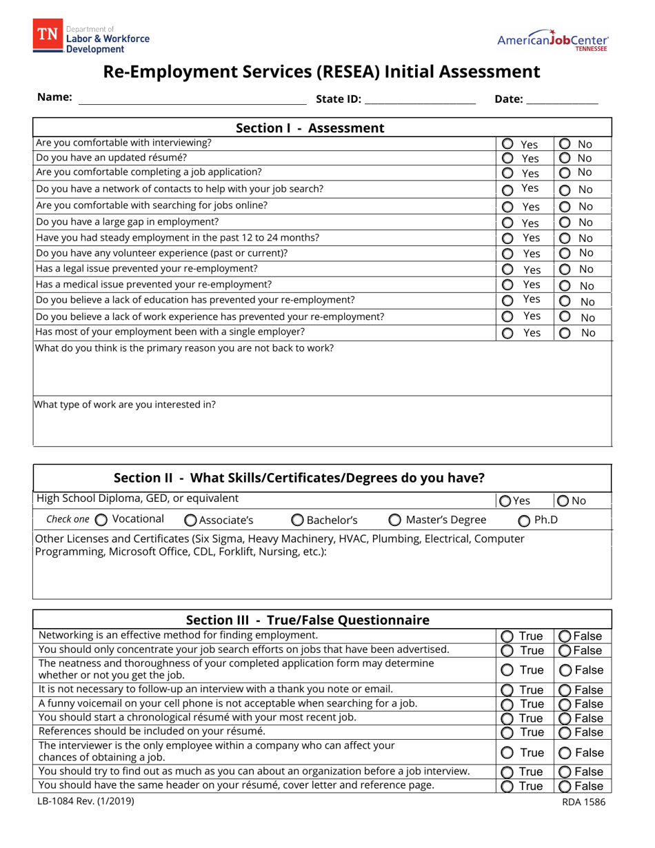Form LB-1084 Re-employment Services (Resea) Initial Assessment - Tennessee, Page 1