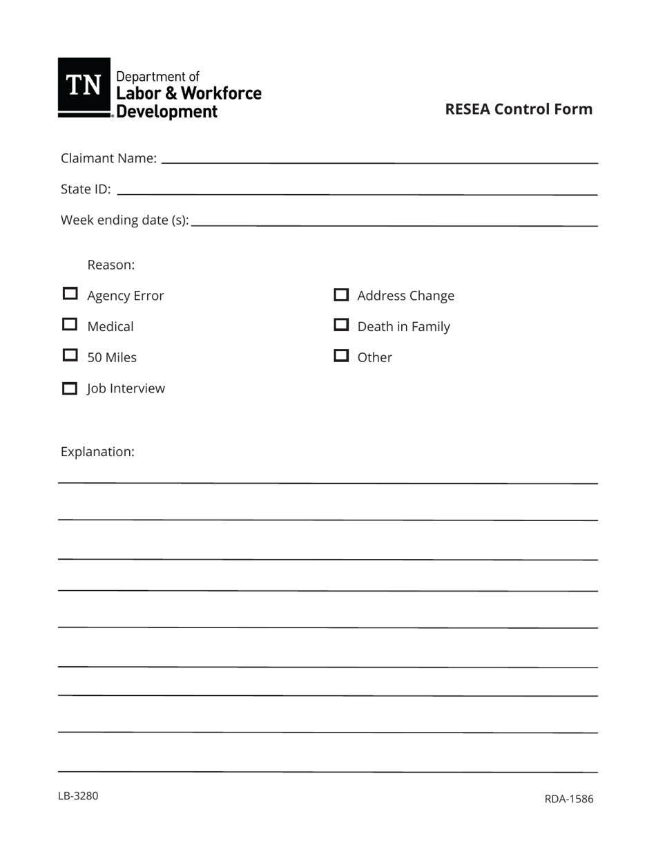 Form LB-3280 Resea Control Form - Tennessee, Page 1