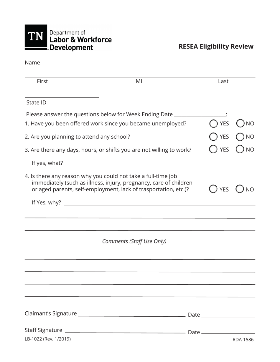 Form LB-1022 Resea Eligibility Review - Tennessee, Page 1