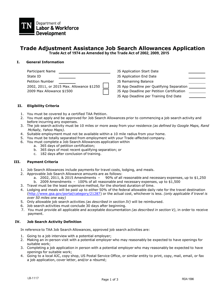 Form LB-1117 Trade Adjustment Assistance Job Search Allowances Application - Tennessee, Page 1