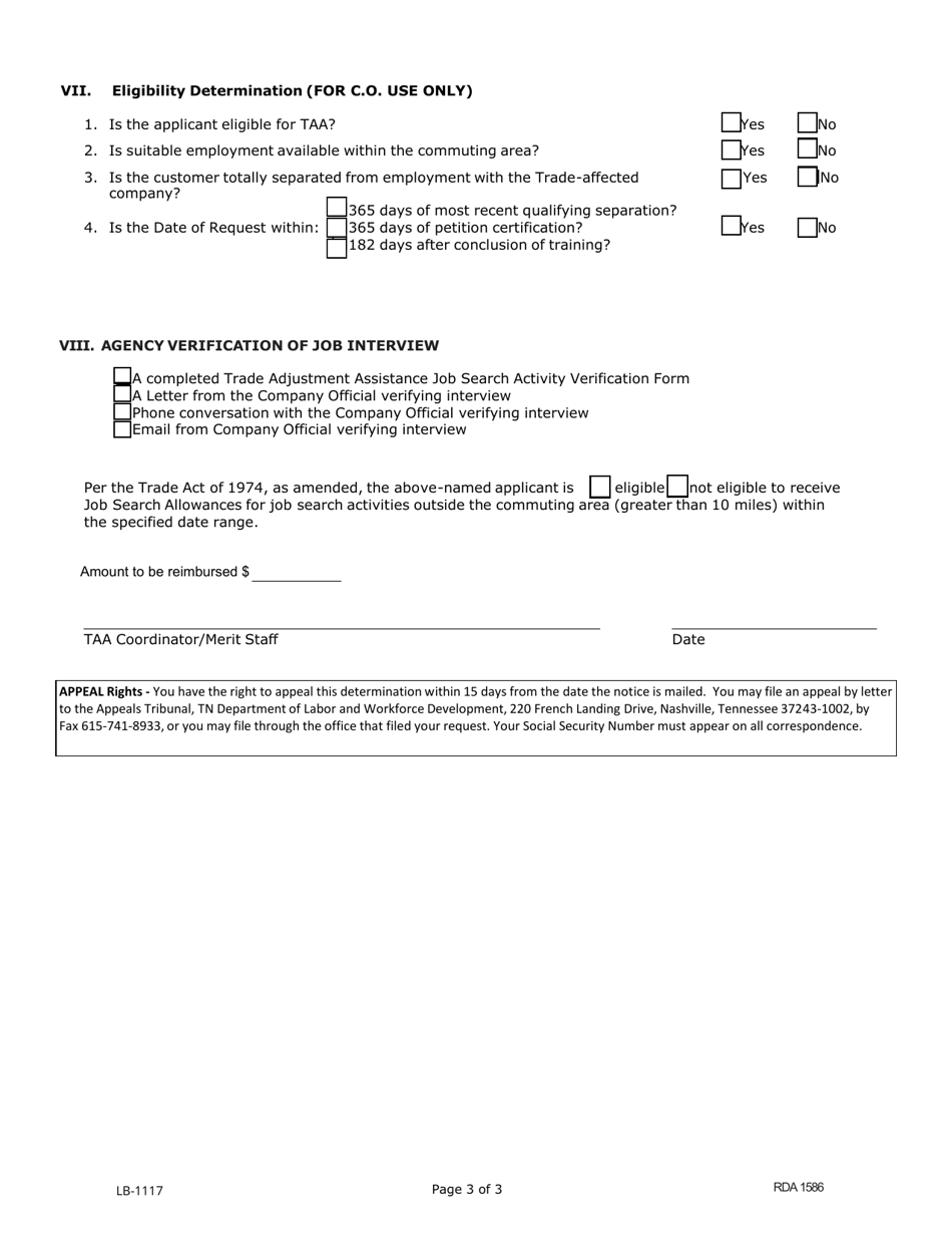 Form LB-1117 Trade Adjustment Assistance Job Search Allowances Application - Tennessee, Page 3